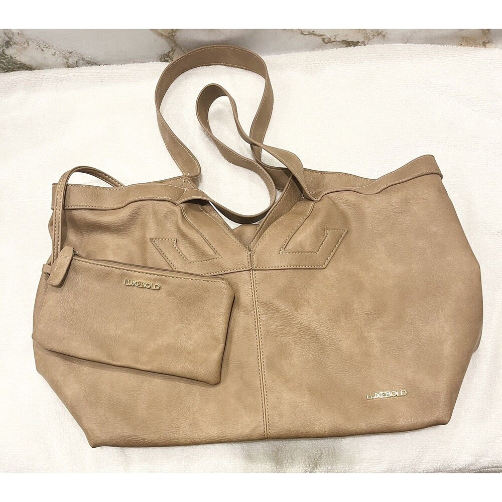 Luxebold Tan Faux Leather Large Tote Shoulder Bag Shopper Purse w/ Zip Pouch